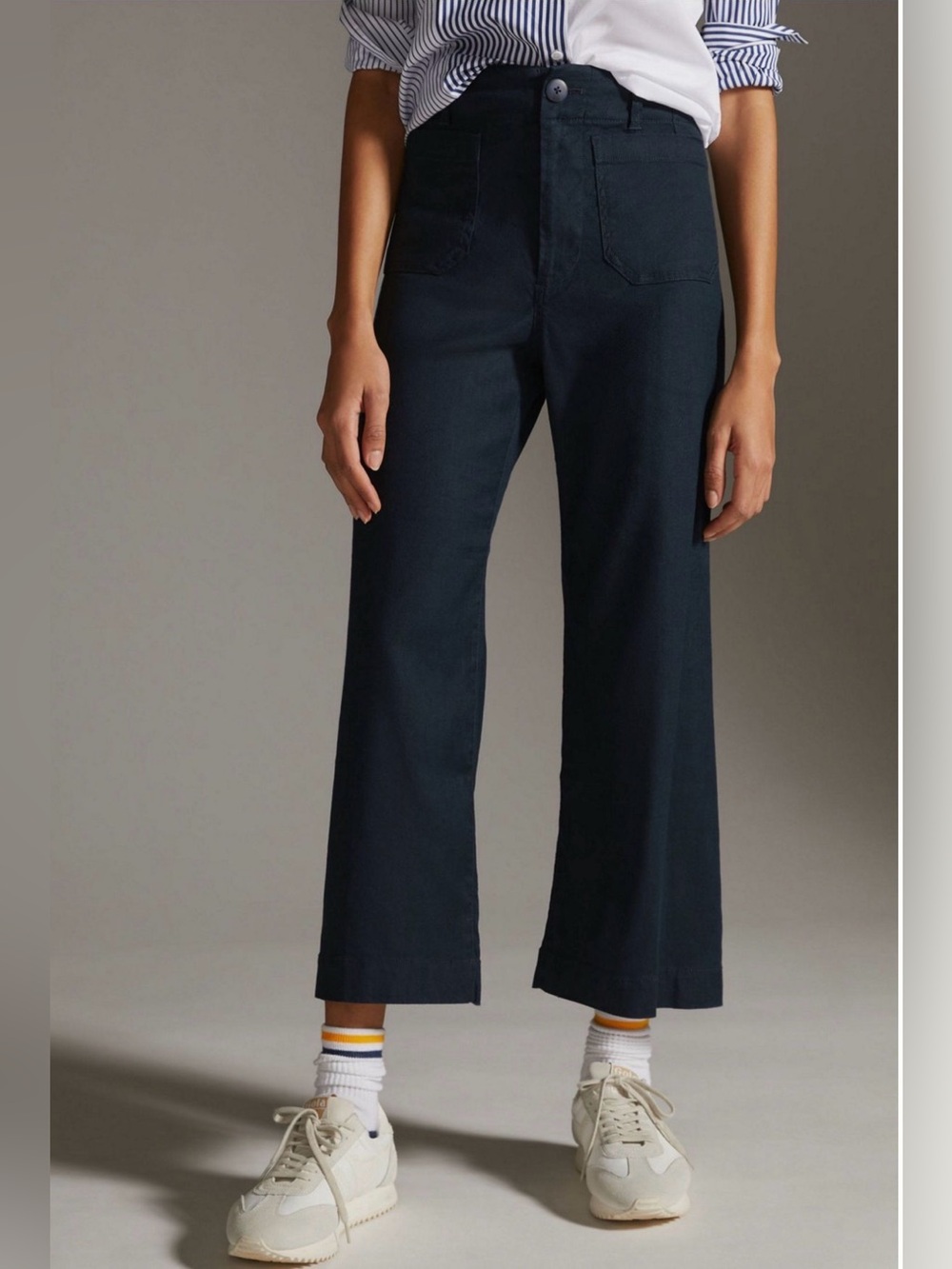 Maeve Anthropologie The Colette Cropped Linen Wide Leg Pants Navy Blue | Size 32